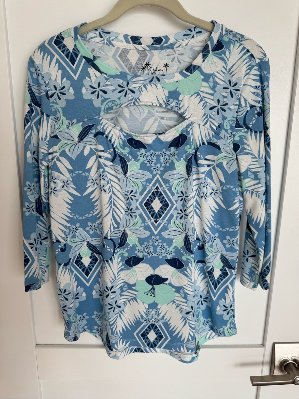 Blue Floral Cutout Long-Sleeve Women's Top